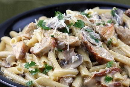 Макароны с грибами и куриным филе