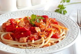 Спагетти с курицей в томатном соусе