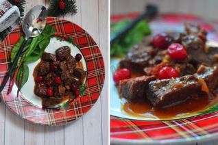 Телятина тушенная в пиве с клюквой и вялеными помидорами