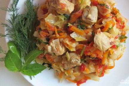 Капуста, тушенная с курицей и помидорами