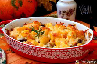 Куриная печень запеченная с тыквой под сыром