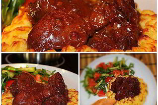 Печень индейки в сливочно-медовом соусе в корзинке из пюре