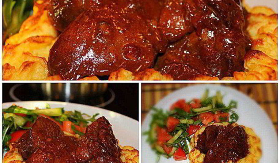 Рецепт печень индейки в сливочно-медовом соусе в корзинке из пюре