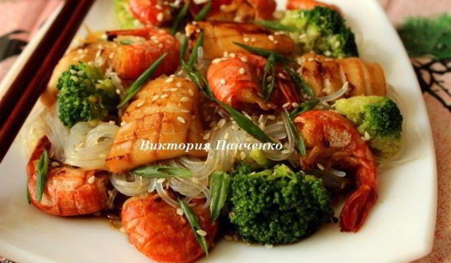 Рецепт рисовая лапша с брокколи и морепродуктами