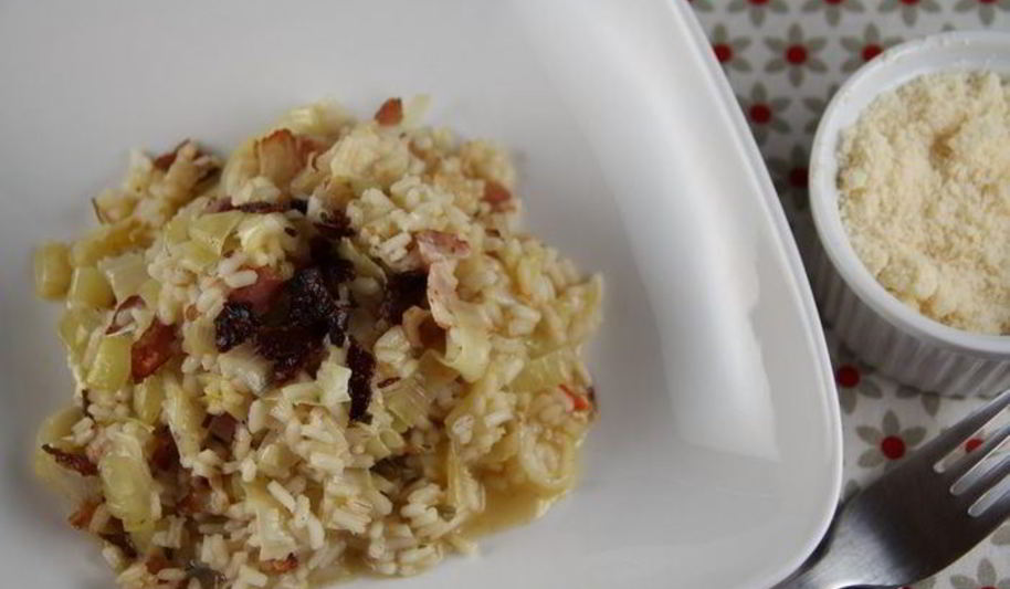 Рецепт запеченное в духовке ризотто с луком-пореем и панчеттой