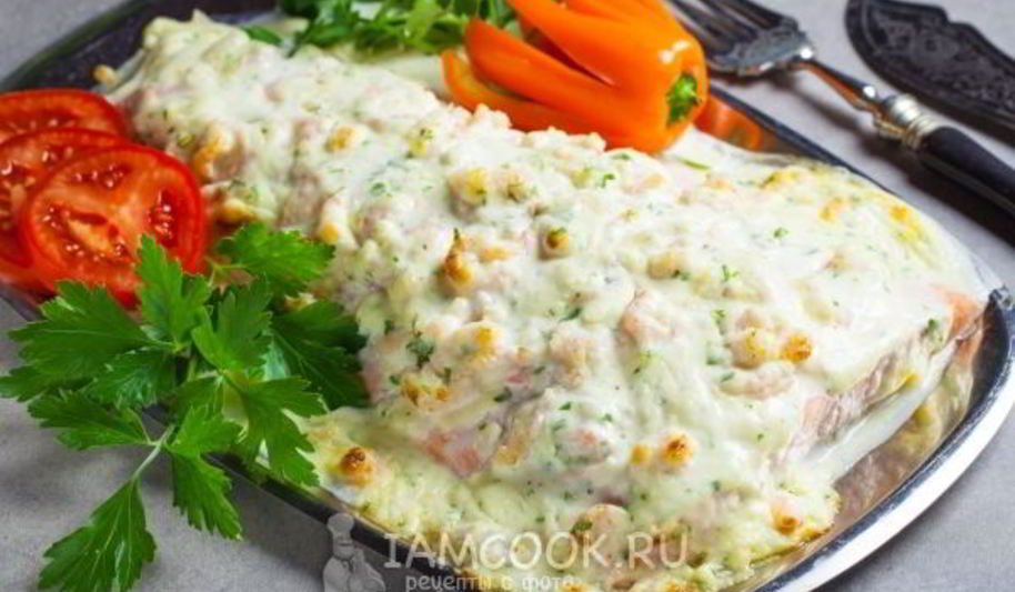 Рецепт лосось, запеченный с креветками