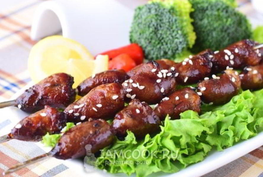 Шашлык из куриных сердечек в духовке
