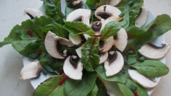 ШАГ 2. легкий салат со свекольными листьями и сырыми шампиньонами