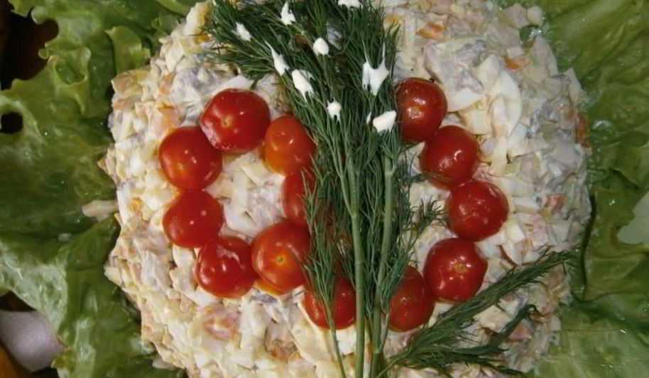 Рецепт салат из консервированных кальмаров и шампиньонов