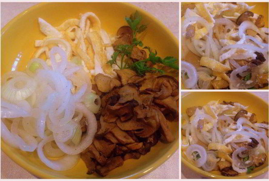 Салат с грибами и белковым блинчиком