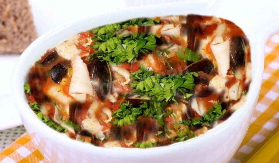 Рецепт томатный суп с морепродуктами мидии, креветки, кальмары