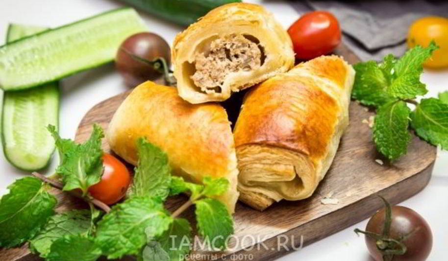 Рецепт пирожки с мясом из слоеного теста в духовке