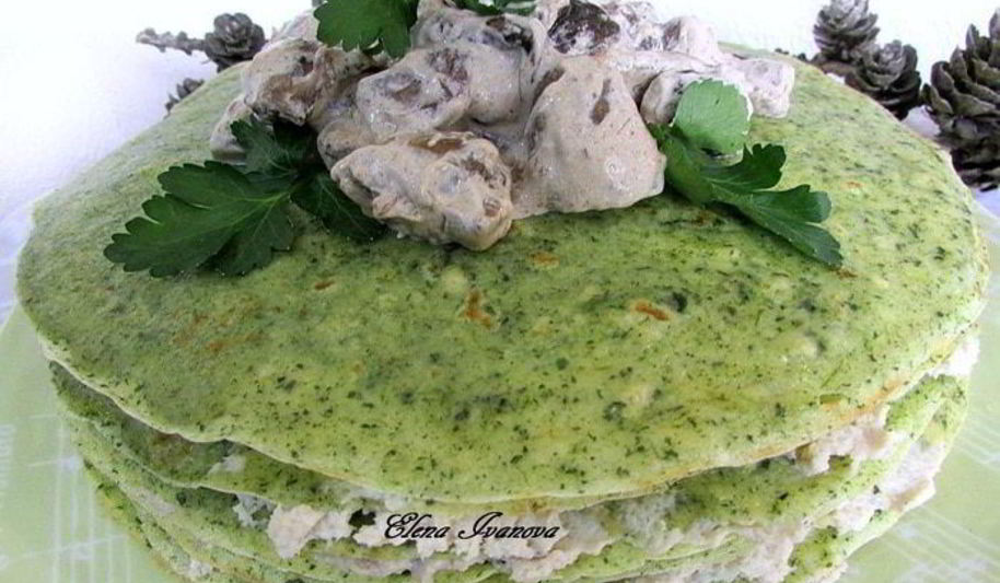 Рецепт блинный тортик с грибным соусом