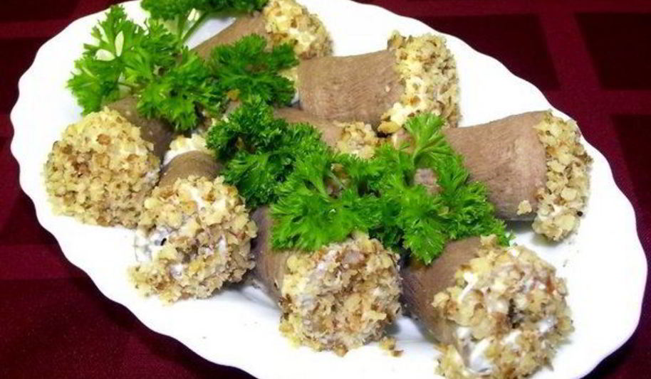Рецепт закусочные рулеты из языка с орехами
