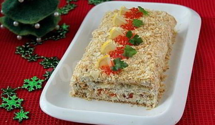 Рецепт закусочный торт наполеон с икрой и печенью трески